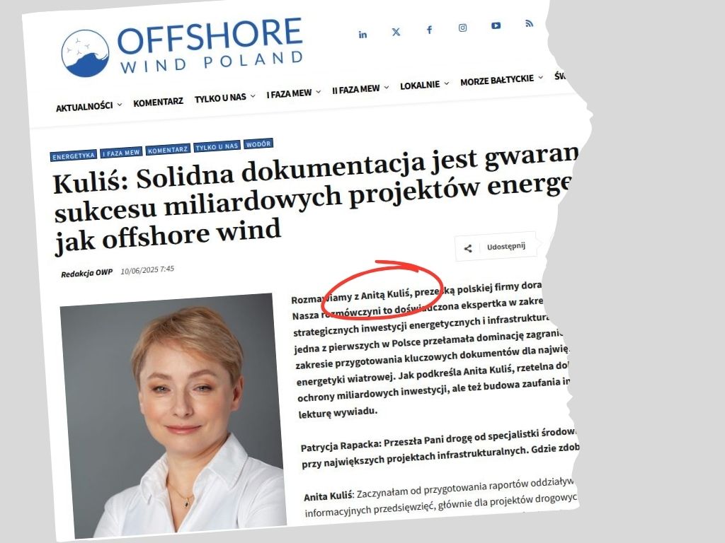 Kolaż: screen ze strony offshorewindpoland.pl - fragment wywiadu z Anitą Kuliś. 